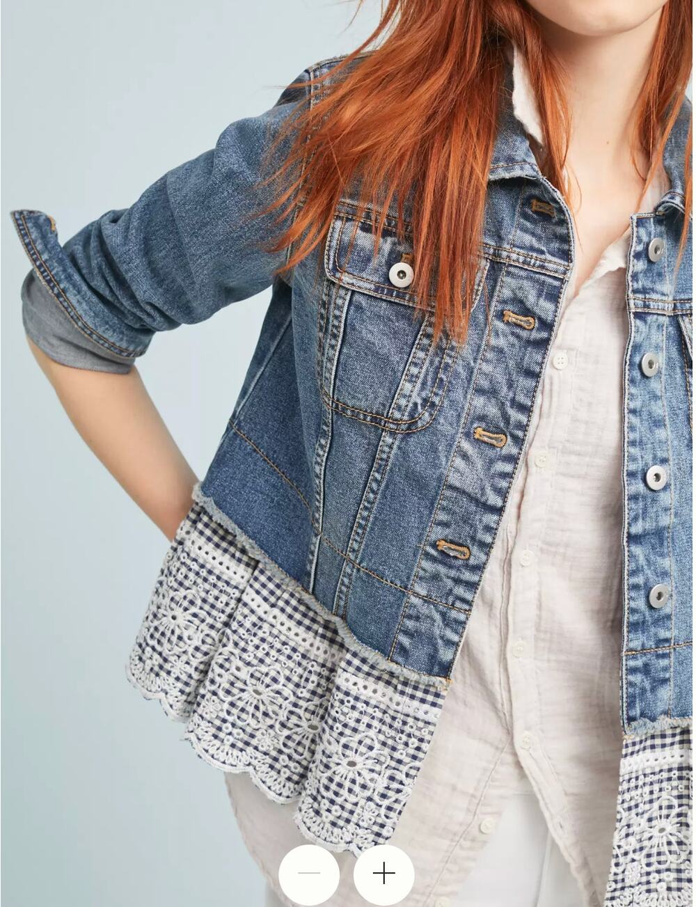 Anthropologie Blue Denim Jacket with White Eyelet Trim